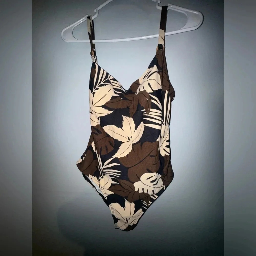 Sun Blush brown‎ leaf pattern one piece size 16 NWOT